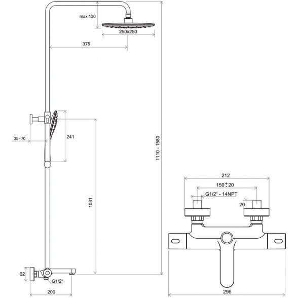 Dušo stovas RAVAK Termo 300 su termostatiniu vonios maišytuvu ir dušo komplektu, X070163 1