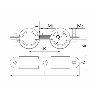 Metalinis laikiklis dvigubas su triukšmo slopinimo įdėklu NICZUK METALL 1" (31-34 mm), M8