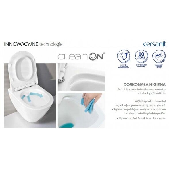 Pakabinamas WC puodas CERSANIT Caspia su CleanOn technologija ir plonu lėtaeigiu dangčiu 4
