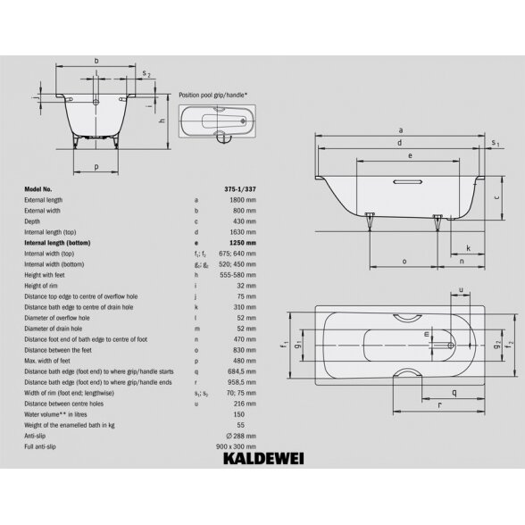 Plieninė vonia KALDEWEI Saniform Plus 800 x 1800 mm, balta 5
