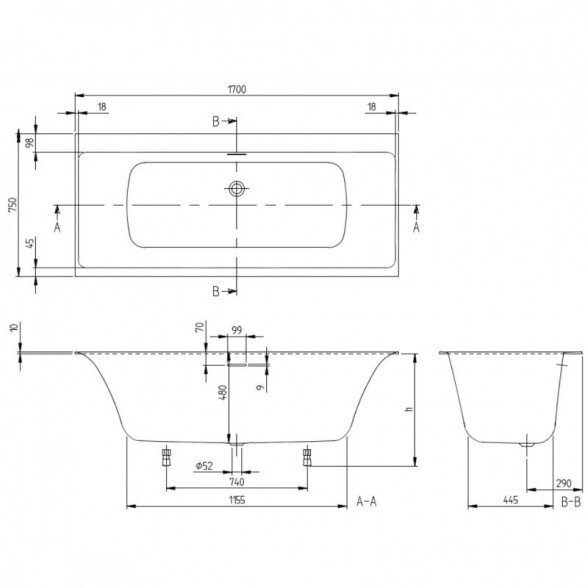 Stačiakampė vonia VILLEROY & BOSH Subway 3.0 Duo 750 x 1700 mm, UBQ170SBW2DV-01 3