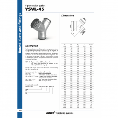 Ventiliacijos trišakis Y formos ALNOR 100 / 45°