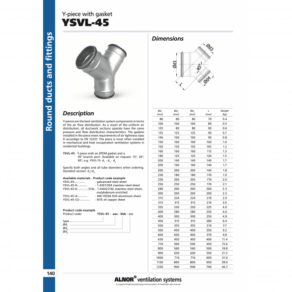Ventiliacijos trišakis Y formos ALNOR 160 / 45° 1